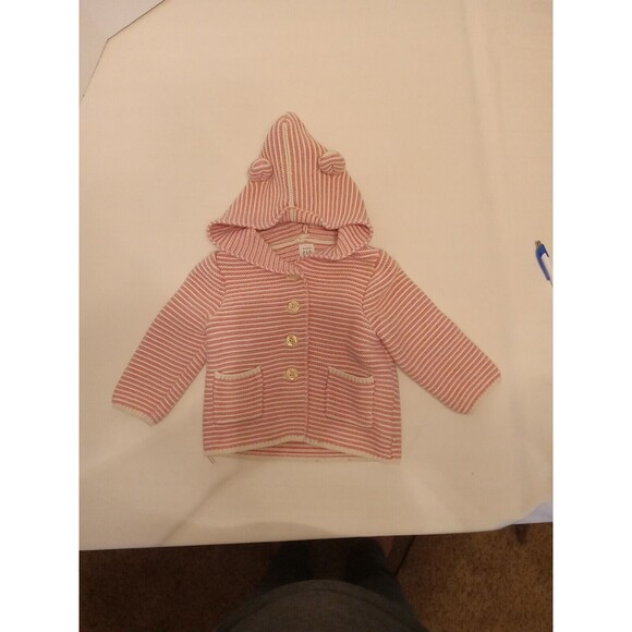 Baby Gap Garter Sweater Cardigan Pink White Striped Girls Size 12-18 Months - Picture 1 of 8